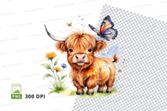 Cute highland cow with butterfly clipart png Product Image 1