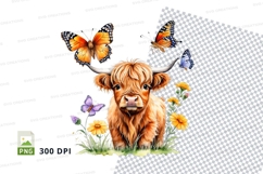 Cute highland cow with butterflies clipart png Product Image 1