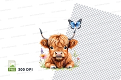 Cute highland cow calf with butterfly clipart png Product Image 1