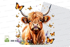 Cute highland cow with butterflies clipart png Product Image 1