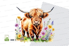 Highland cow in flower field clipart png Product Image 1