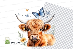 Charming highland cow with butterflies clipart png Product Image 1