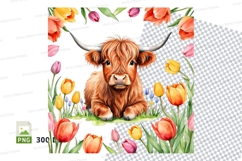 Cute highland cow with tulips clipart png Product Image 1