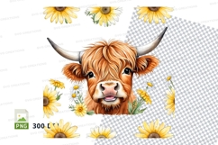 Cute highland cow with sunflowers clipart png Product Image 1