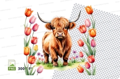 Highland cow with tulips clipart png Product Image 1