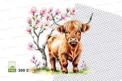 Highland cow with cherry blossoms clipart png Product Image 1
