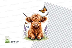 Cute highland cow calf with butterflies clipart png Product Image 1