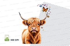 Cute highland cow with butterflies clipart png Product Image 1