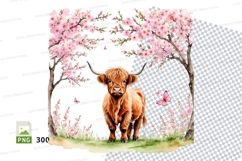 Highland cow under cherry blossom tree clipart png Product Image 1