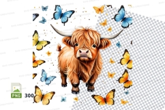 Cute highland cow with butterflies clipart png Product Image 1
