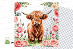 Cute highland cow with flowers clipart png Product Image 1