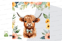 Adorable highland cow with floral frame clipart png Product Image 1