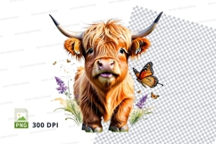 Cute highland cow with butterflies clipart png Product Image 1