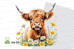 Cute highland cow with daisies clipart png Product Image 1