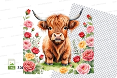 Cute highland cow with flowers clipart png Product Image 1