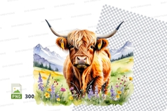 Highland cow in mountain meadow clipart png Product Image 1