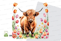 Watercolor highland cow with tulips clipart png Product Image 1