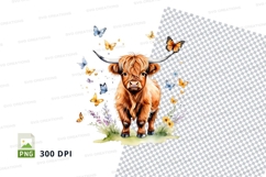 Watercolor highland cow with butterflies clipart png Product Image 1