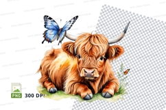Cute highland cow with butterfly clipart png Product Image 1