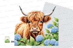 Highland cow with blue flowers clipart png Product Image 1