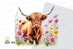 Highland cow with flowers clipart png Product Image 1