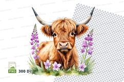 Highland cow with flowers clipart png Product Image 1