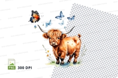 Watercolor highland cow with butterflies clipart png Product Image 1