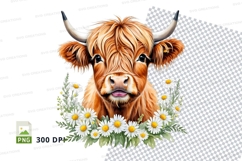 Cute highland cow with daisies clipart png Product Image 1