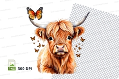 Highland cow with butterflies clipart png Product Image 1