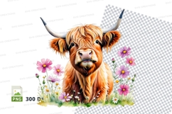 Highland cow in flowers clipart png Product Image 1