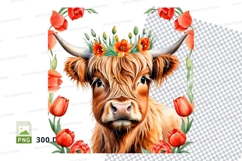 Highland cow with flowers clipart png Product Image 1