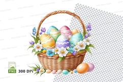 Easter basket with decorated eggs and flowers Product Image 1
