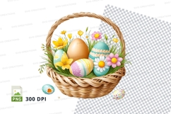 Easter basket with decorated eggs and flowers Product Image 1