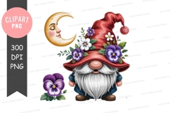 Whimsical gnome with moon and flowers clipart png Product Image 1
