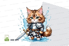 Cartoon kitten in knight armor holding sword clipart Product Image 1
