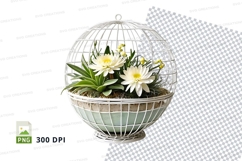 Hanging metal globe planter with white flowers Product Image 1