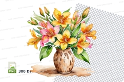 Watercolor bouquet of flowers in vase clipart png Product Image 1