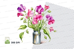 Watercolor bouquet of pink and purple flowers in a silver va Product Image 1