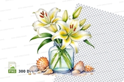 Watercolor illustration of white lilies in a blue vase with Product Image 1