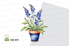 Watercolor flower pot with blue flowers clipart png Product Image 1