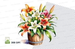 Watercolor bouquet of lilies in wooden bucket Product Image 1