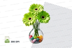 Green gerbera daisies in a glass vase with colored eggs clip Product Image 1