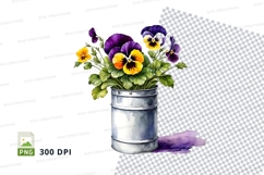 Watercolor bouquet of pansies in metal bucket Product Image 1