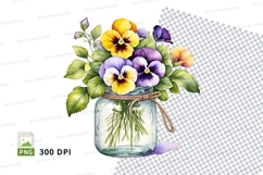 Watercolor bouquet of pansies in glass jar clipart png Product Image 1