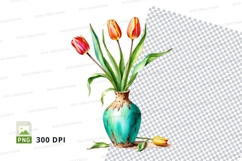 Watercolor tulips in blue vase clipart png Product Image 1