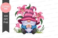 Whimsical gnome with pink lilies clipart png Product Image 1