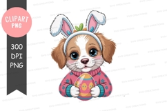 Cute puppy in easter bunny costume holding an easter egg Product Image 1