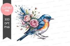 Blue bird with floral bouquet clipart png Product Image 1