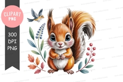 Cute squirrel with bird and leaves clipart png Product Image 1