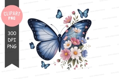 Blue butterfly with flowers clipart png Product Image 1